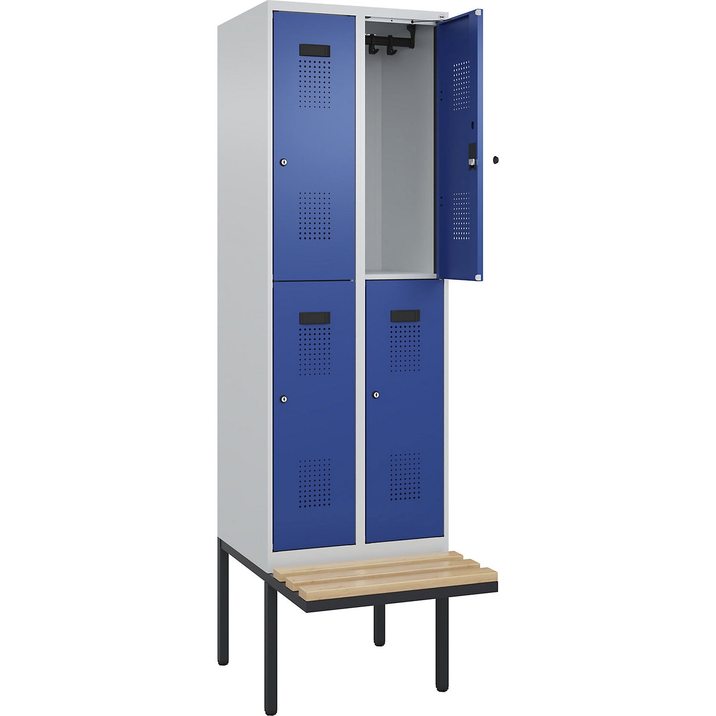 Evolo PLUS bench seat double deck clothes locker, 2 compartments, light grey / gentian blue, W 600 mm, cylinder lock, with cantilevered bench seat, beech.