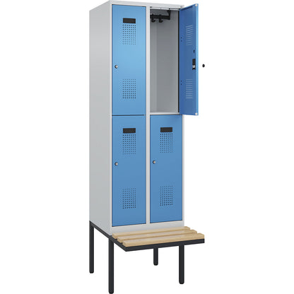 Evolo PLUS bench seat double deck clothes locker, 2 compartments, light grey / light blue, W 600 mm, cylinder lock, with cantilevered bench seat, beech.