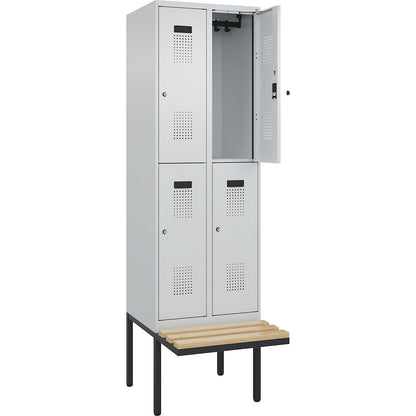 Evolo PLUS bench seat double deck clothes locker, 2 compartments, light grey / light grey, W 600 mm, cylinder lock, with cantilevered bench seat, beech.