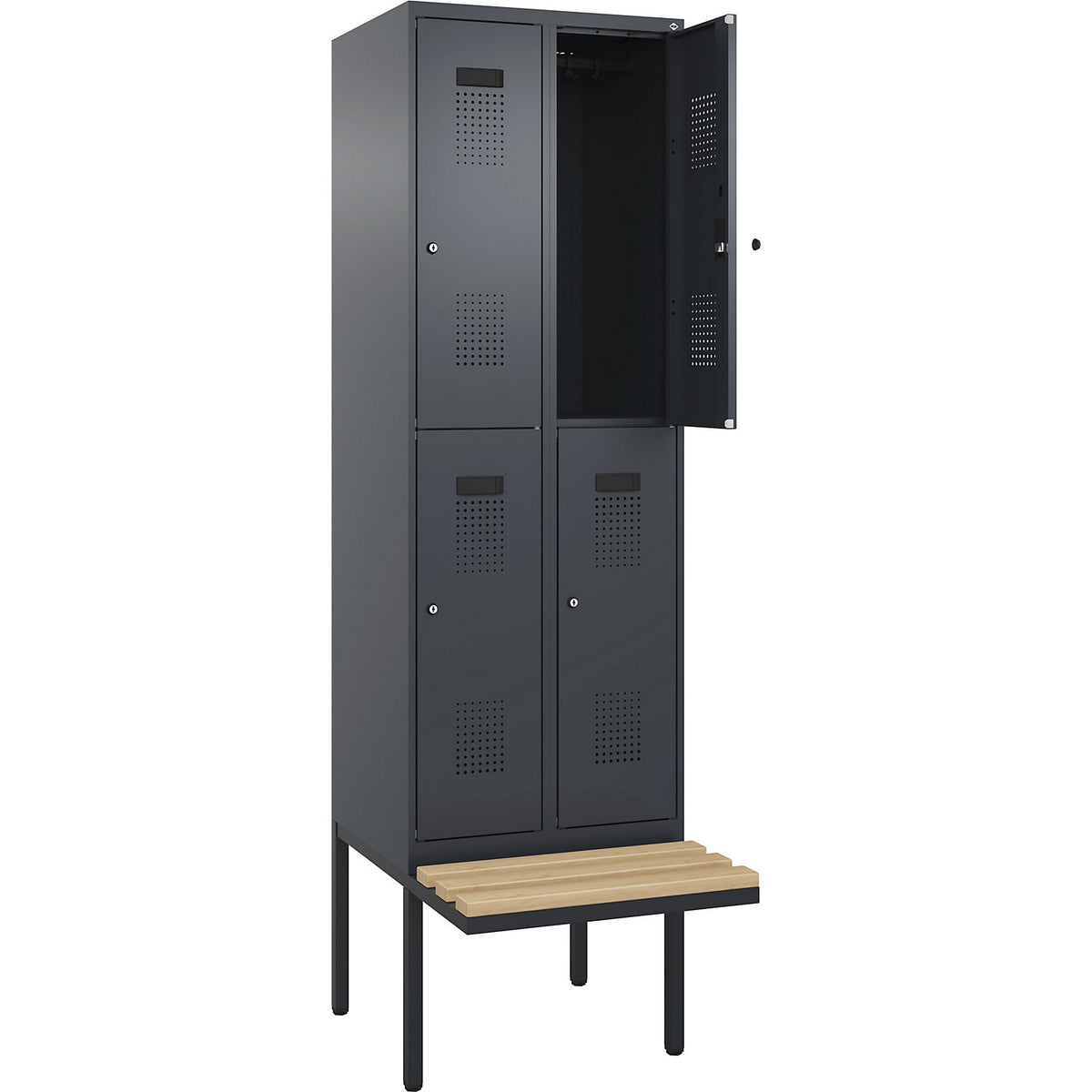 Evolo PLUS bench seat double deck clothes locker, 2 compartments, grey, W 600 mm, cylinder lock, with cantilevered bench seat, beech.