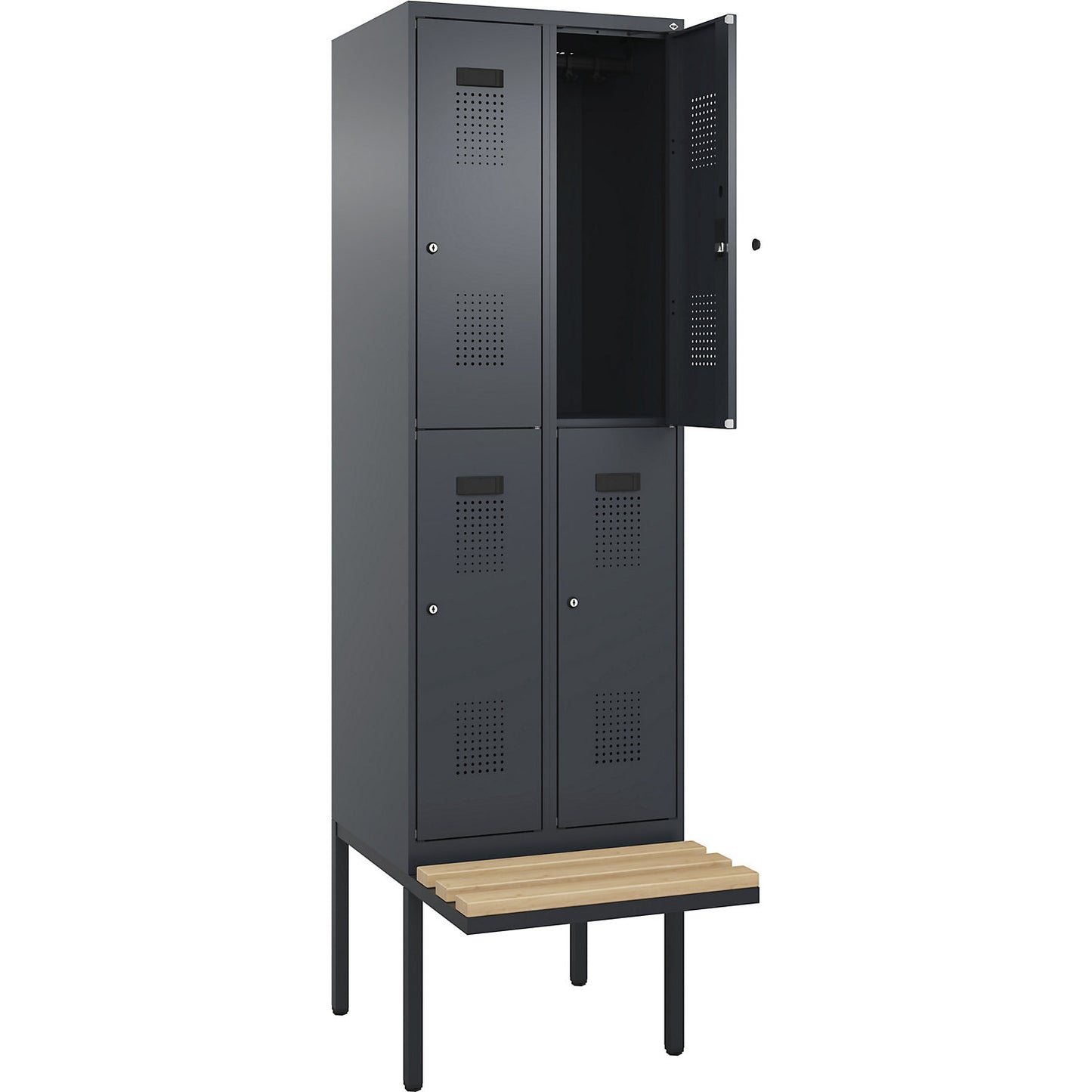 Evolo PLUS bench seat double deck clothes locker, 2 compartments, grey, W 600 mm, cylinder lock, with cantilevered bench seat, beech.