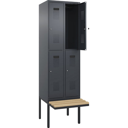 Evolo PLUS bench seat double deck clothes locker, 2 compartments, grey, W 600 mm, cylinder lock, with cantilevered bench seat, beech.