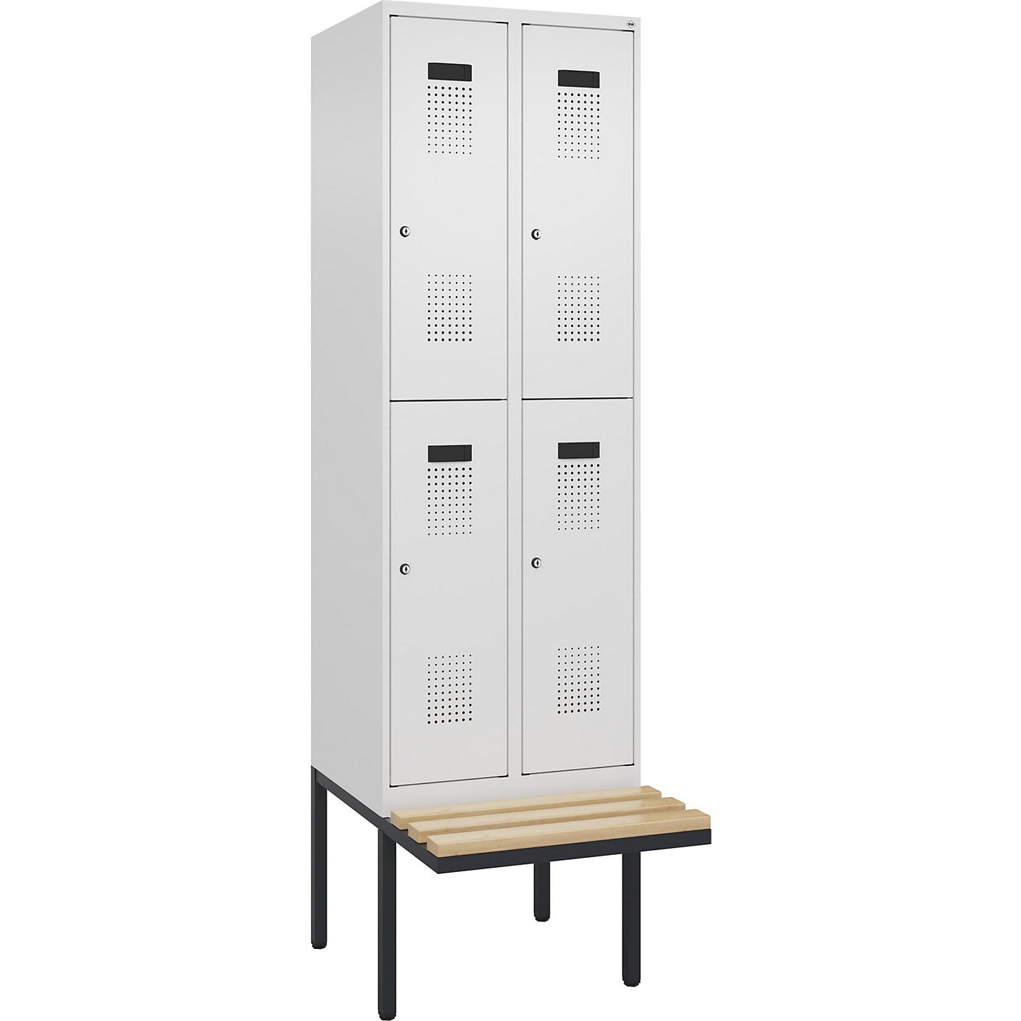Evolo PLUS bench seat double deck clothes locker, 2 compartments, white, W 600 mm, cylinder lock, with cantilevered bench seat, beech.
