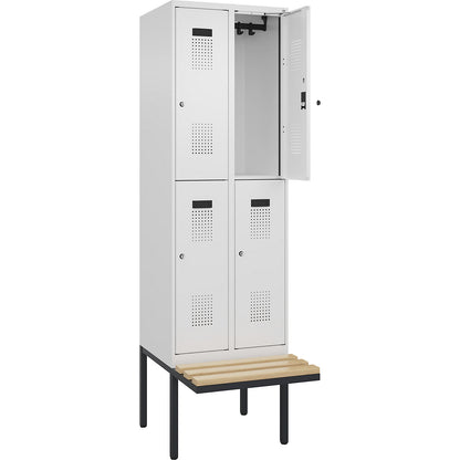 Evolo PLUS bench seat double deck clothes locker, 2 compartments, white, W 600 mm, cylinder lock, with cantilevered bench seat, beech.