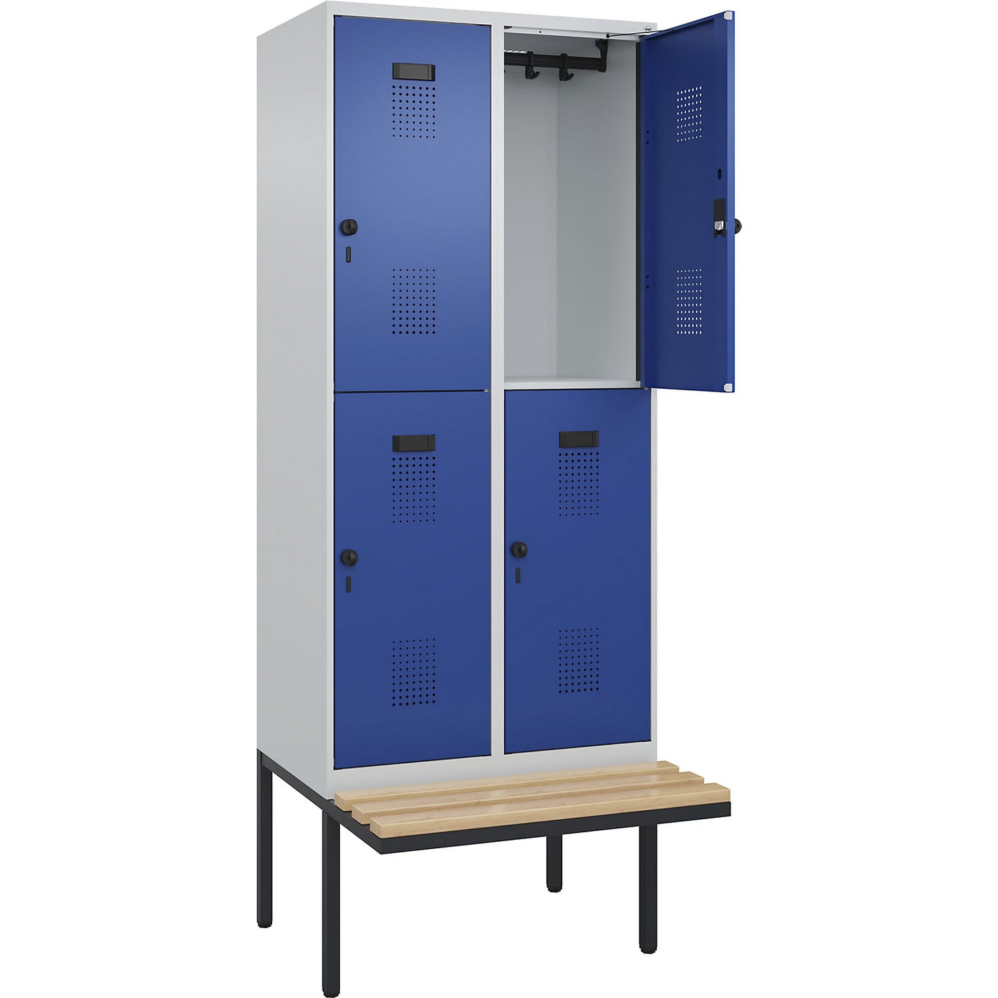 Evolo PLUS bench seat double deck clothes locker, 2 compartments, light grey / gentian blue, W 800 mm, security rotary bolt, with cantilevered bench seat, beech.