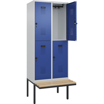 Evolo PLUS bench seat double deck clothes locker, 2 compartments, light grey / gentian blue, W 800 mm, security rotary bolt, with cantilevered bench seat, beech.
