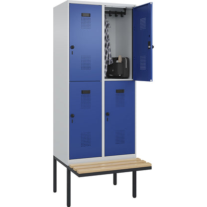 Evolo PLUS bench seat double deck clothes locker, 2 compartments, light grey / gentian blue, W 800 mm, security rotary bolt, with cantilevered bench seat, beech.