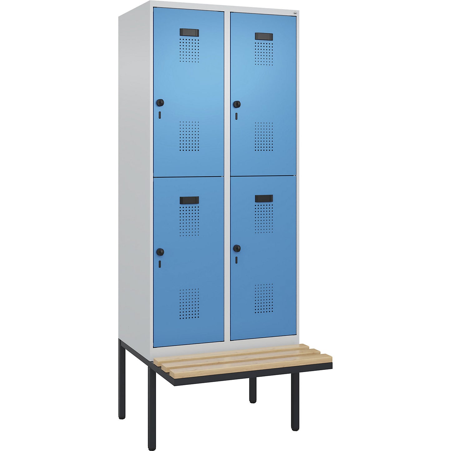 Evolo PLUS bench seat double deck clothes locker, 2 compartments, light grey / light blue, W 800 mm, security rotary bolt, with cantilevered bench seat, beech.