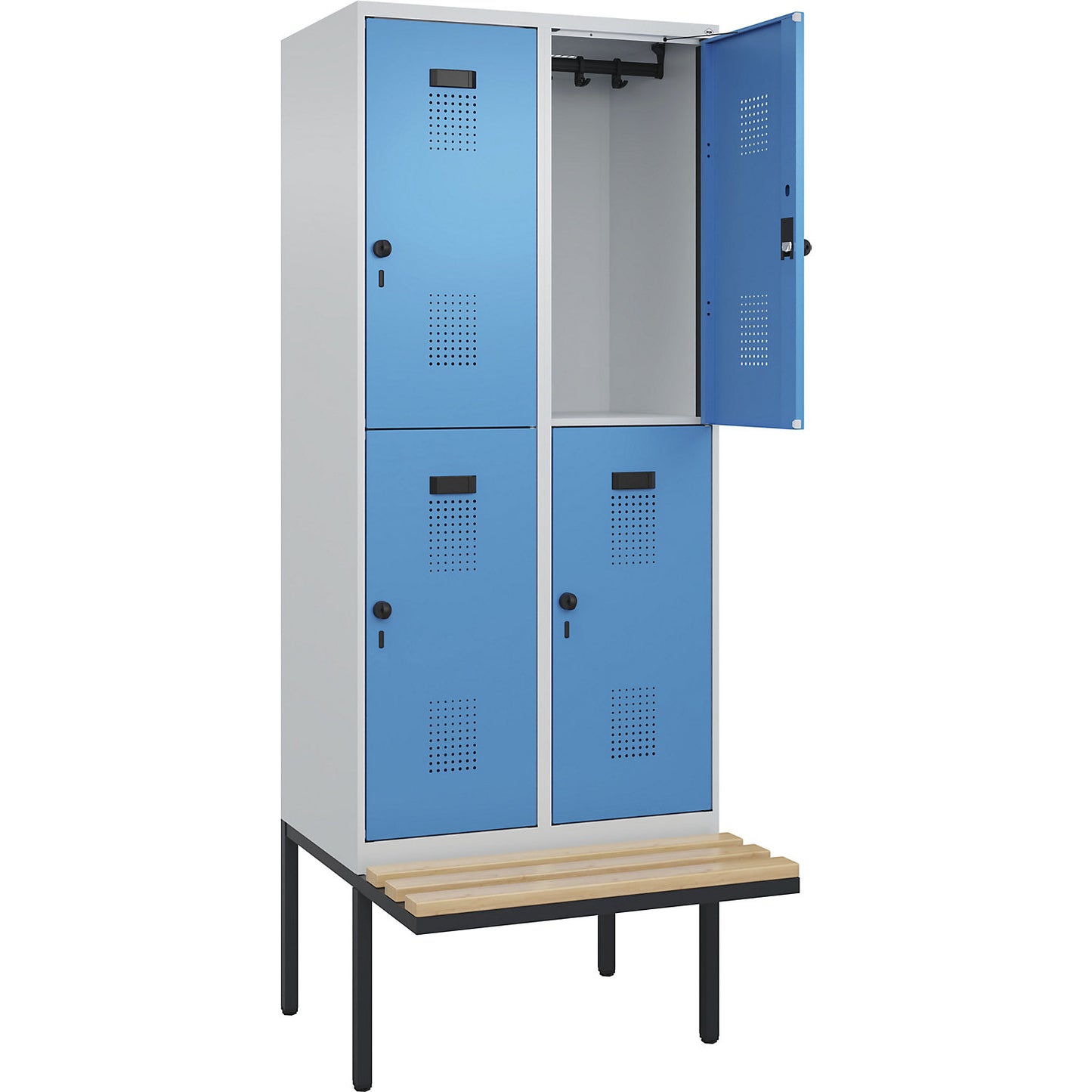 Evolo PLUS bench seat double deck clothes locker, 2 compartments, light grey / light blue, W 800 mm, security rotary bolt, with cantilevered bench seat, beech.