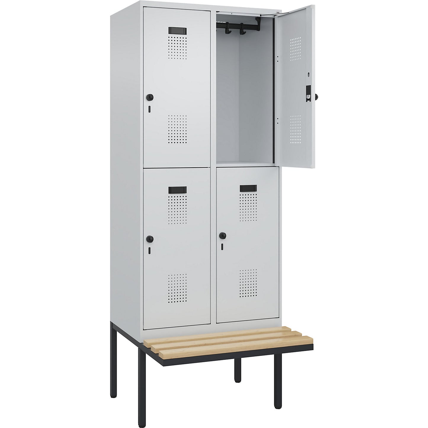 Evolo PLUS bench seat double deck clothes locker, 2 compartments, light grey / light grey, W 800 mm, security rotary bolt, with cantilevered bench seat, beech.