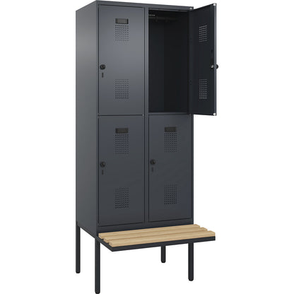 Evolo PLUS bench seat double deck clothes locker, 2 compartments, grey, W 800 mm, security rotary bolt, with cantilevered bench seat, beech.