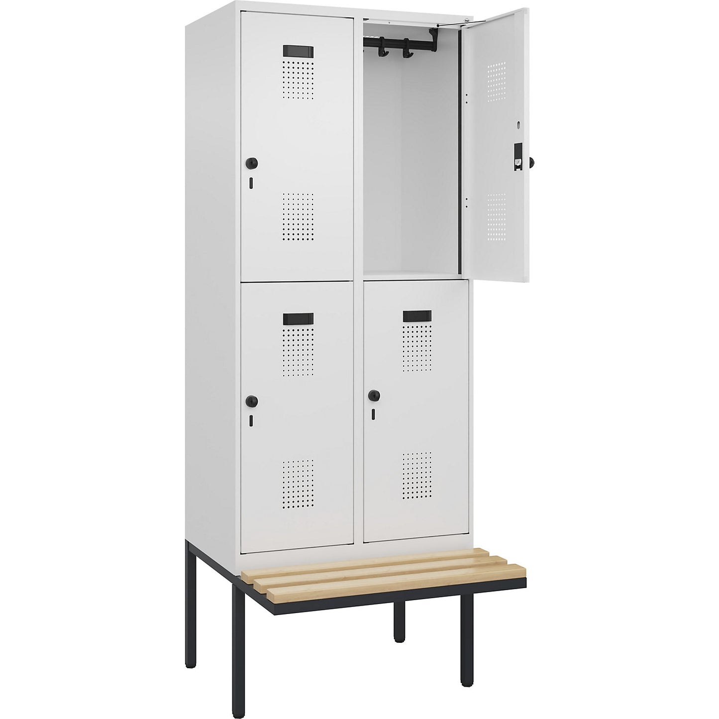 Evolo PLUS bench seat double deck clothes locker, 2 compartments, white, W 800 mm, security rotary bolt, with cantilevered bench seat, beech.