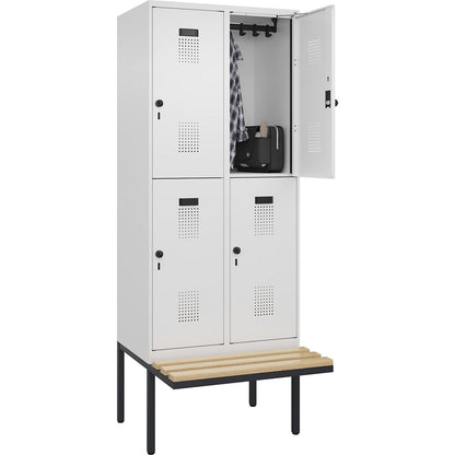 Evolo PLUS bench seat double deck clothes locker, 2 compartments, white, W 800 mm, security rotary bolt, with cantilevered bench seat, beech.