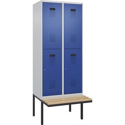 Evolo PLUS bench seat double deck clothes locker, 2 compartments, light grey / gentian blue, W 800 mm, cylinder lock, with cantilevered bench seat, beech.
