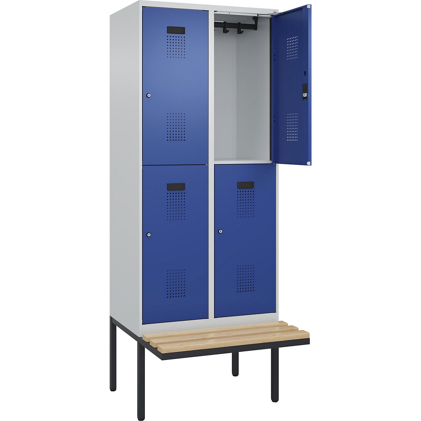Evolo PLUS bench seat double deck clothes locker, 2 compartments, light grey / gentian blue, W 800 mm, cylinder lock, with cantilevered bench seat, beech.