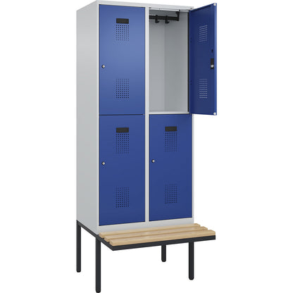 Evolo PLUS bench seat double deck clothes locker, 2 compartments, light grey / gentian blue, W 800 mm, cylinder lock, with cantilevered bench seat, beech.