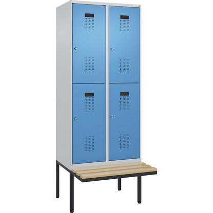 Evolo PLUS bench seat double deck clothes locker, 2 compartments, light grey / light blue, W 800 mm, cylinder lock, with cantilevered bench seat, beech.