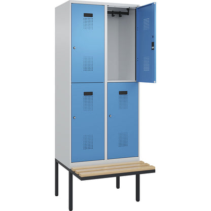 Evolo PLUS bench seat double deck clothes locker, 2 compartments, light grey / light blue, W 800 mm, cylinder lock, with cantilevered bench seat, beech.