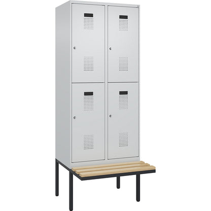 Evolo PLUS bench seat double deck clothes locker, 2 compartments, light grey / light grey, W 800 mm, cylinder lock, with cantilevered bench seat, beech.