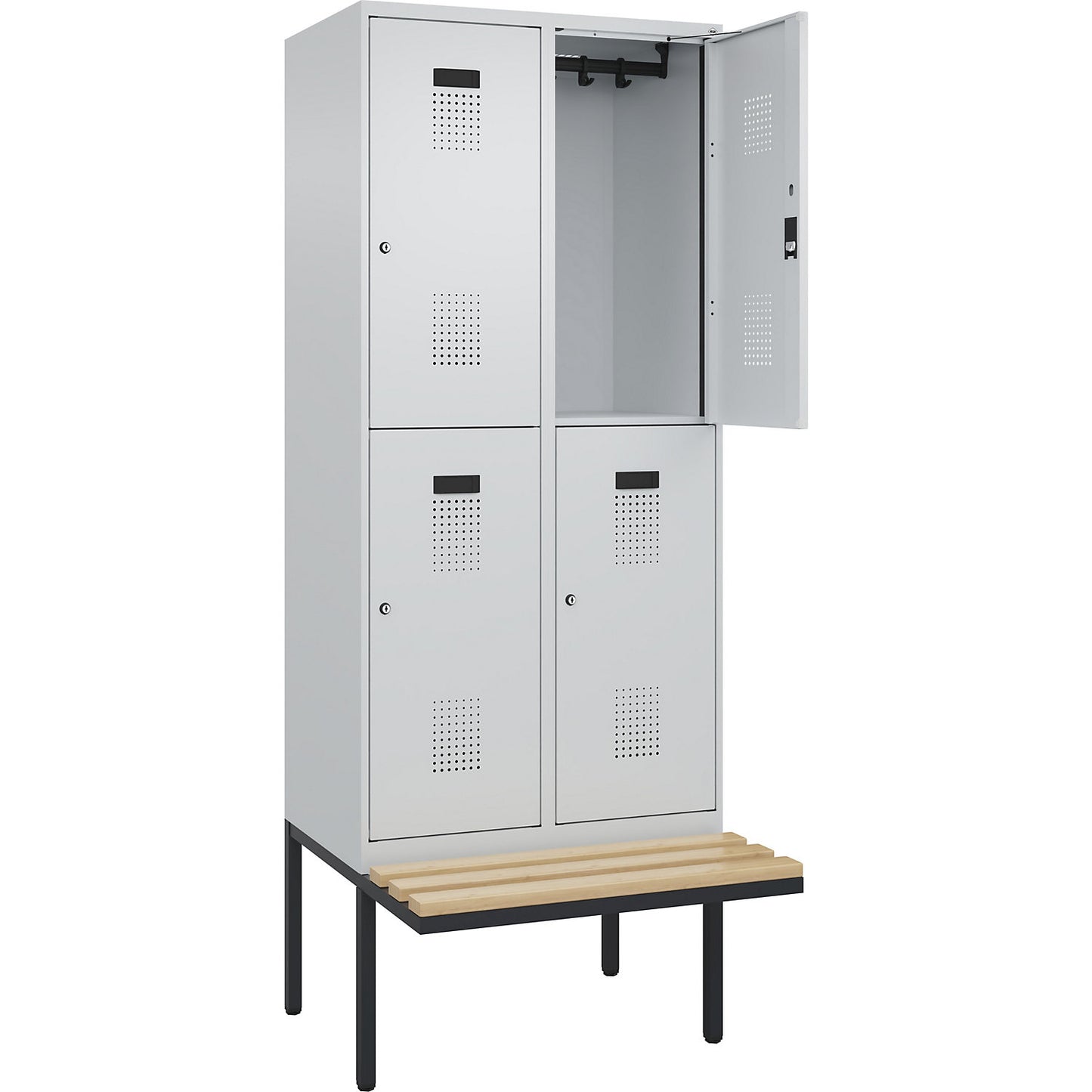 Evolo PLUS bench seat double deck clothes locker, 2 compartments, light grey / light grey, W 800 mm, cylinder lock, with cantilevered bench seat, beech.