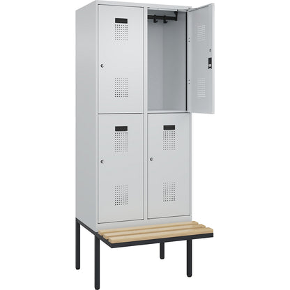 Evolo PLUS bench seat double deck clothes locker, 2 compartments, light grey / light grey, W 800 mm, cylinder lock, with cantilevered bench seat, beech.