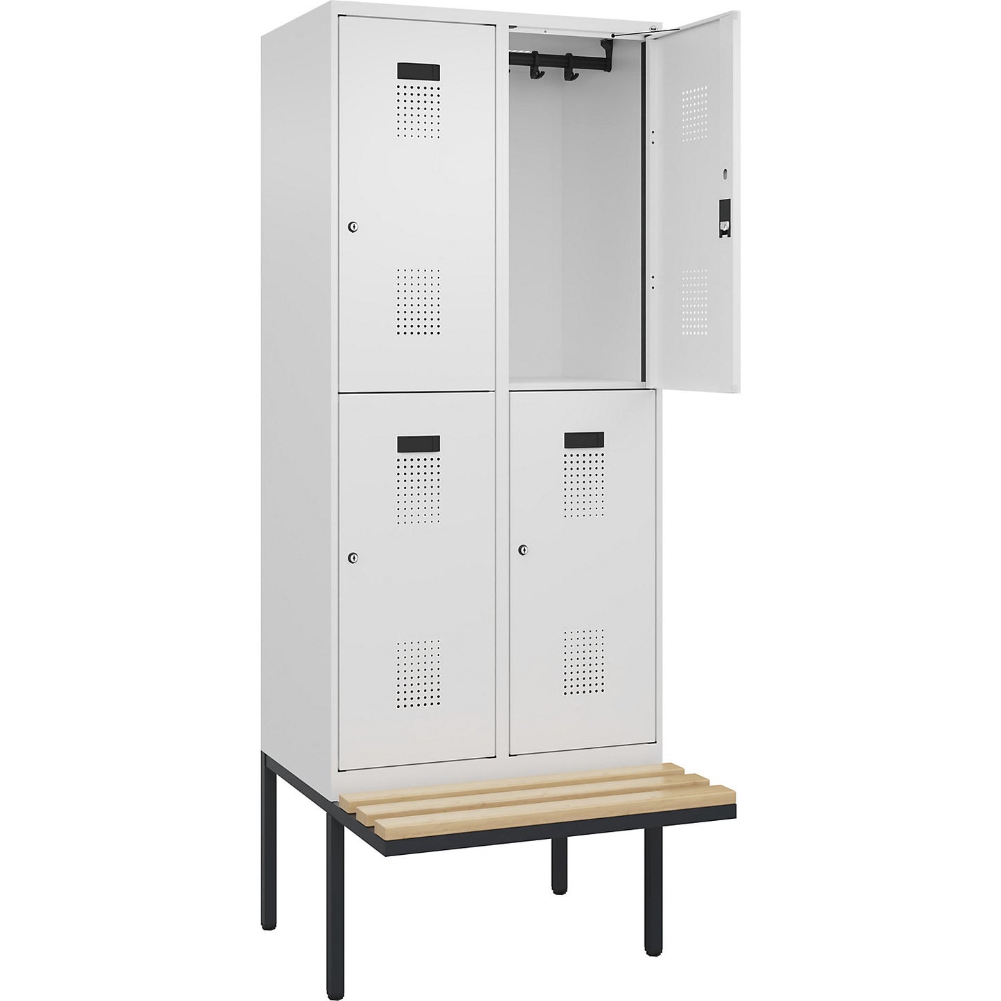 Evolo PLUS bench seat double deck clothes locker, 2 compartments, white, W 800 mm, cylinder lock, with cantilevered bench seat, beech.