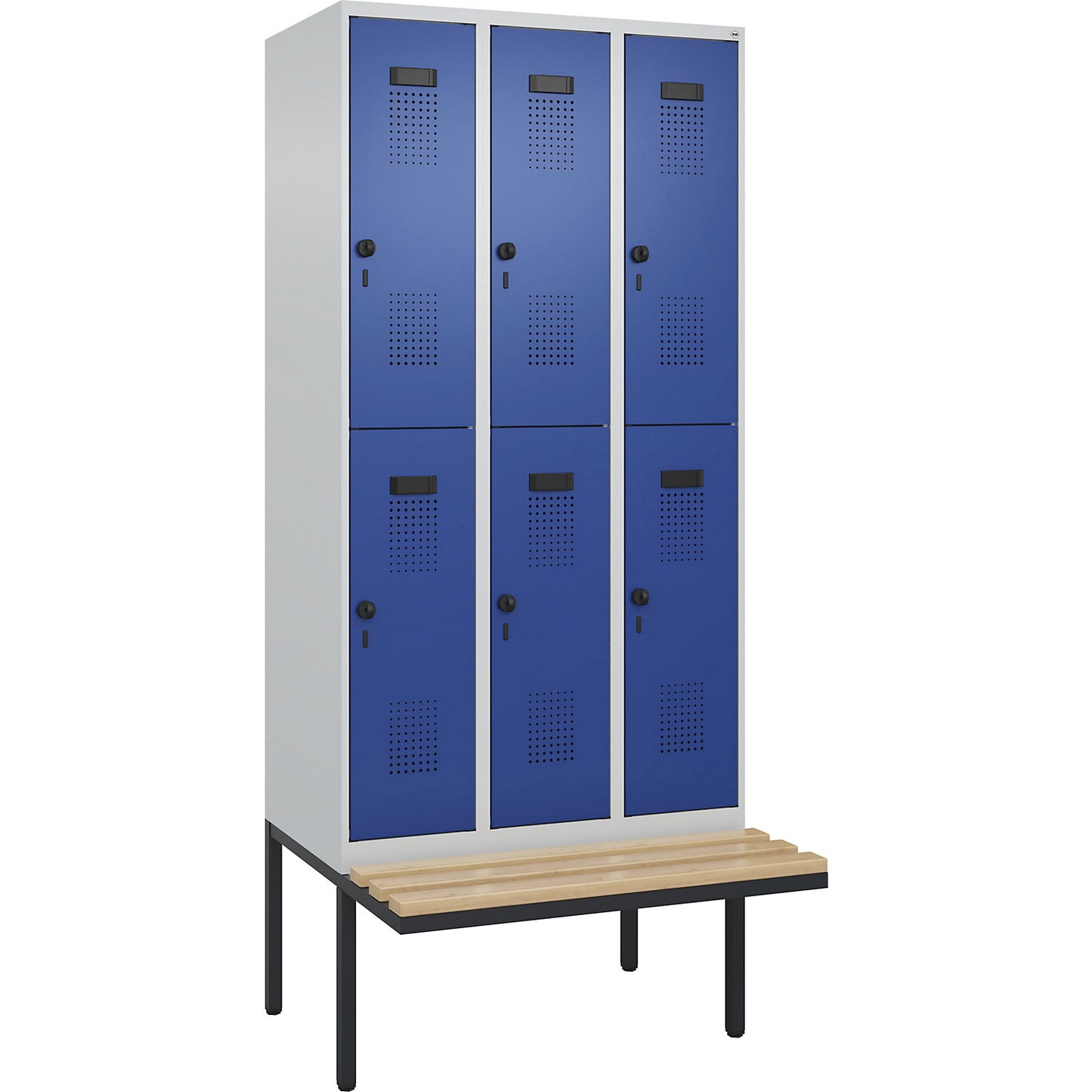 Evolo PLUS bench seat double deck clothes locker, 3 compartments, light grey / gentian blue, W 900 mm, security rotary bolt, with cantilevered bench seat, beech.