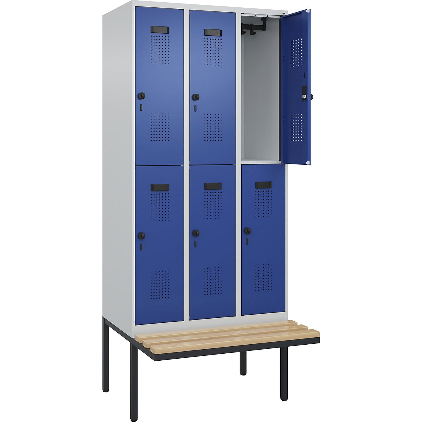 Evolo PLUS bench seat double deck clothes locker, 3 compartments, light grey / gentian blue, W 900 mm, security rotary bolt, with cantilevered bench seat, beech.
