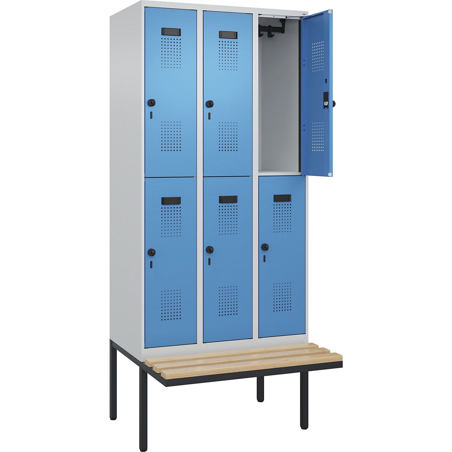 Evolo PLUS bench seat double deck clothes locker, 3 compartments, light grey / light blue, W 900 mm, security rotary bolt, with cantilevered bench seat, beech.