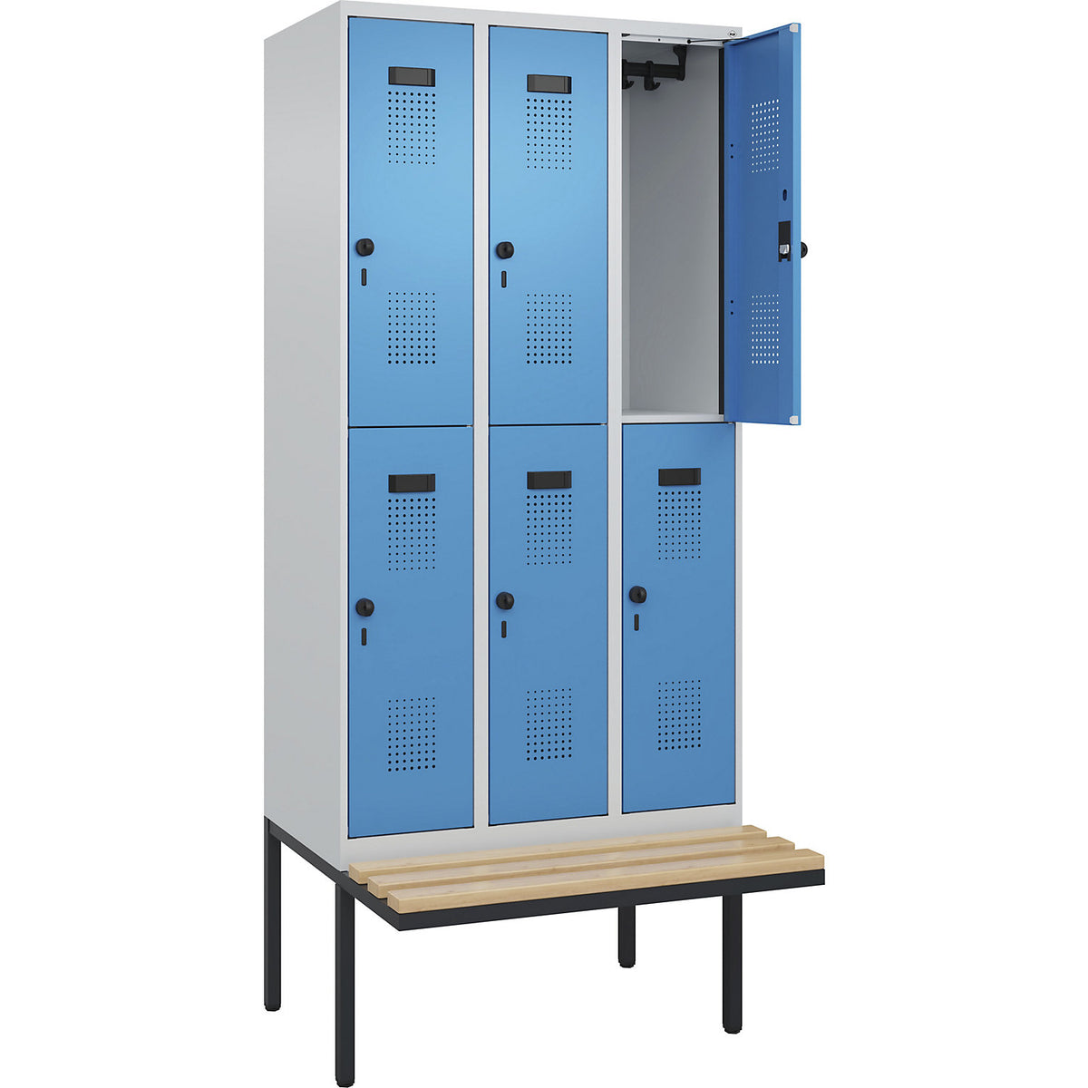 Evolo PLUS bench seat double deck clothes locker, 3 compartments, light grey / light blue, W 900 mm, security rotary bolt, with cantilevered bench seat, beech.