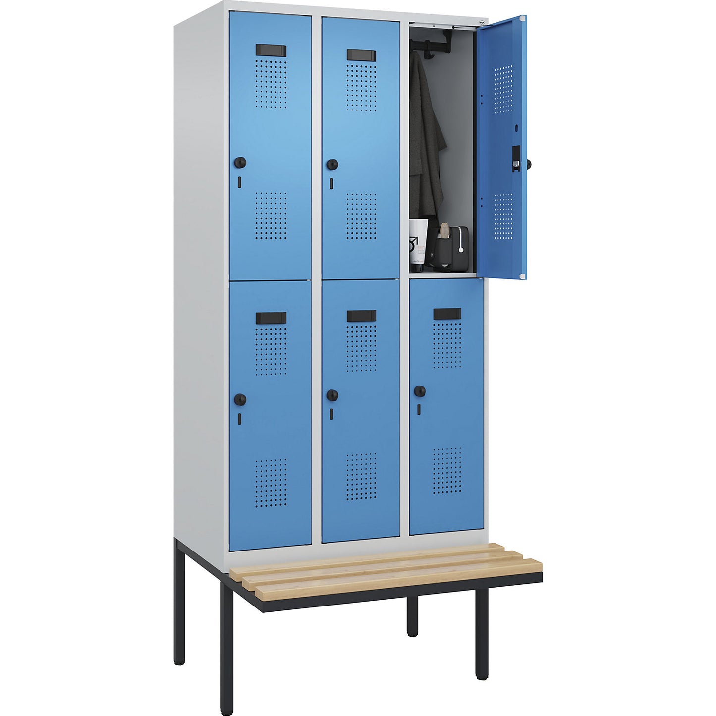 Evolo PLUS bench seat double deck clothes locker, 3 compartments, light grey / light blue, W 900 mm, security rotary bolt, with cantilevered bench seat, beech.