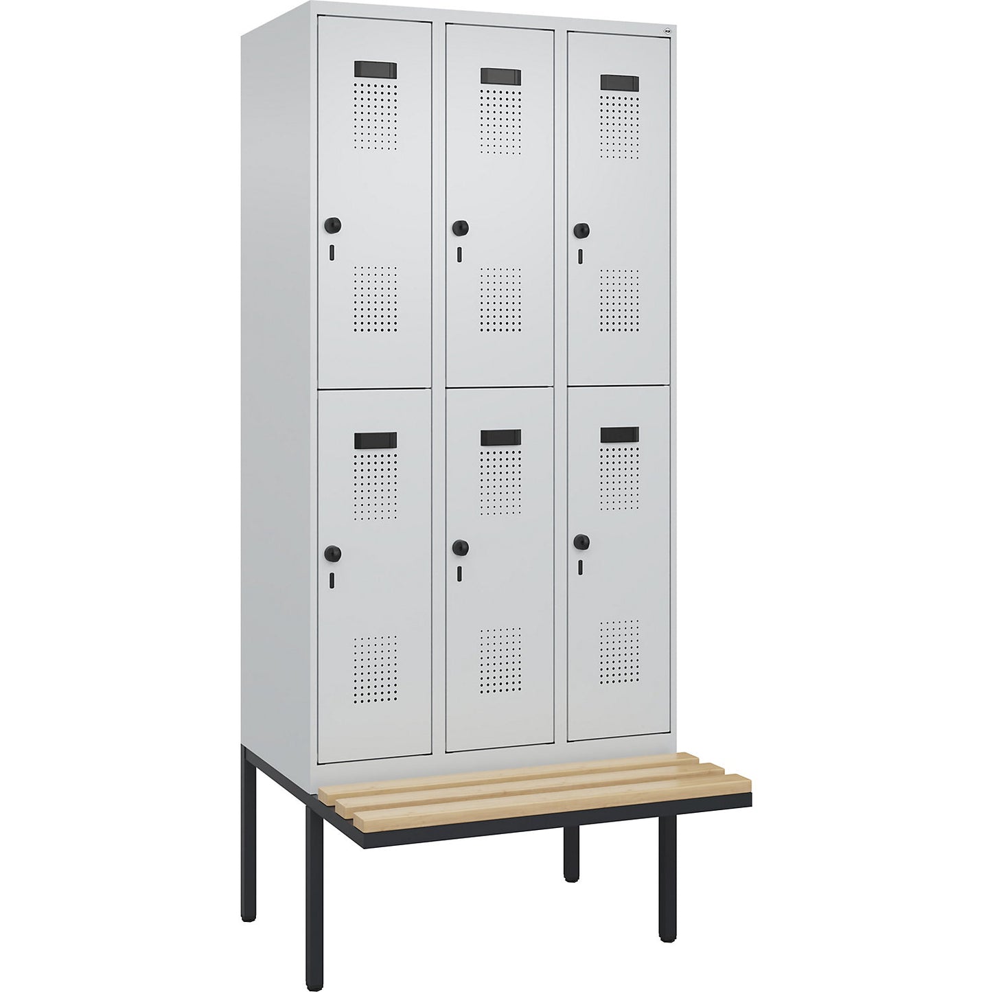 Evolo PLUS bench seat double deck clothes locker, 3 compartments, light grey / light grey, W 900 mm, security rotary bolt, with cantilevered bench seat, beech.