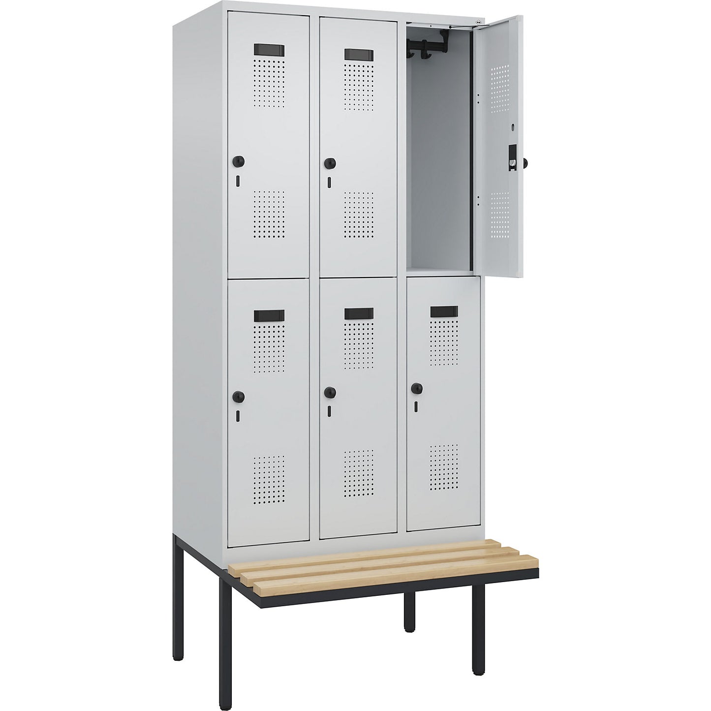 Evolo PLUS bench seat double deck clothes locker, 3 compartments, light grey / light grey, W 900 mm, security rotary bolt, with cantilevered bench seat, beech.