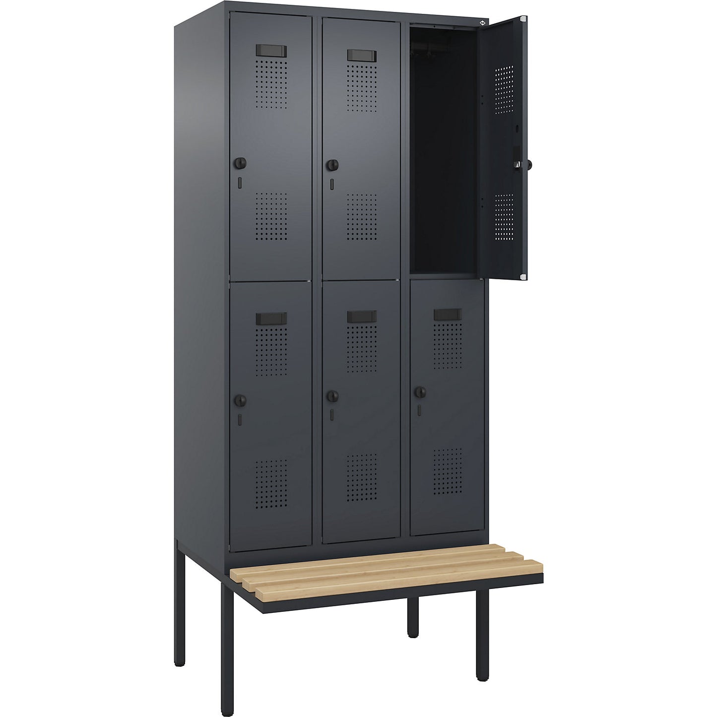 Evolo PLUS bench seat double deck clothes locker, 3 compartments, grey, W 900 mm, security rotary bolt, with cantilevered bench seat, beech.