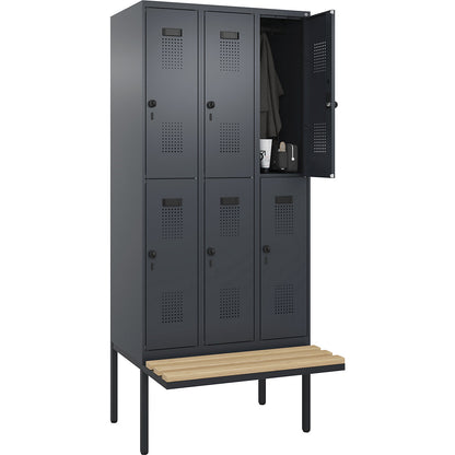 Evolo PLUS bench seat double deck clothes locker, 3 compartments, grey, W 900 mm, security rotary bolt, with cantilevered bench seat, beech.
