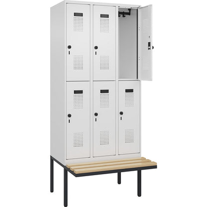 Evolo PLUS bench seat double deck clothes locker, 3 compartments, white, W 900 mm, security rotary bolt, with cantilevered bench seat, beech.