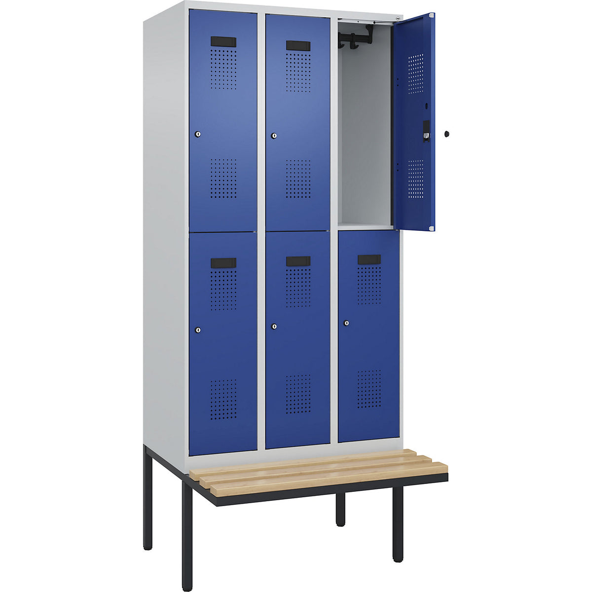 Evolo PLUS bench seat double deck clothes locker, 3 compartments, light grey / gentian blue, W 900 mm, cylinder lock, with cantilevered bench seat, beech.