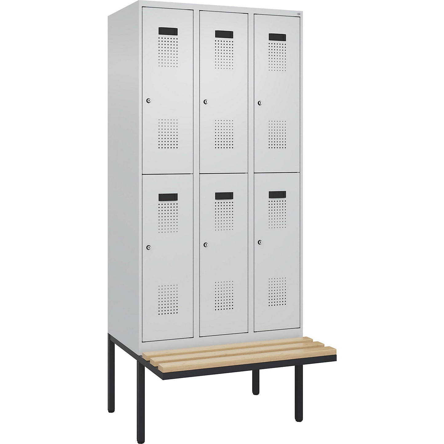 Evolo PLUS bench seat double deck clothes locker, 3 compartments, light grey / light grey, W 900 mm, cylinder lock, with cantilevered bench seat, beech.