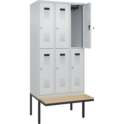 Evolo PLUS bench seat double deck clothes locker, 3 compartments, light grey / light grey, W 900 mm, cylinder lock, with cantilevered bench seat, beech.