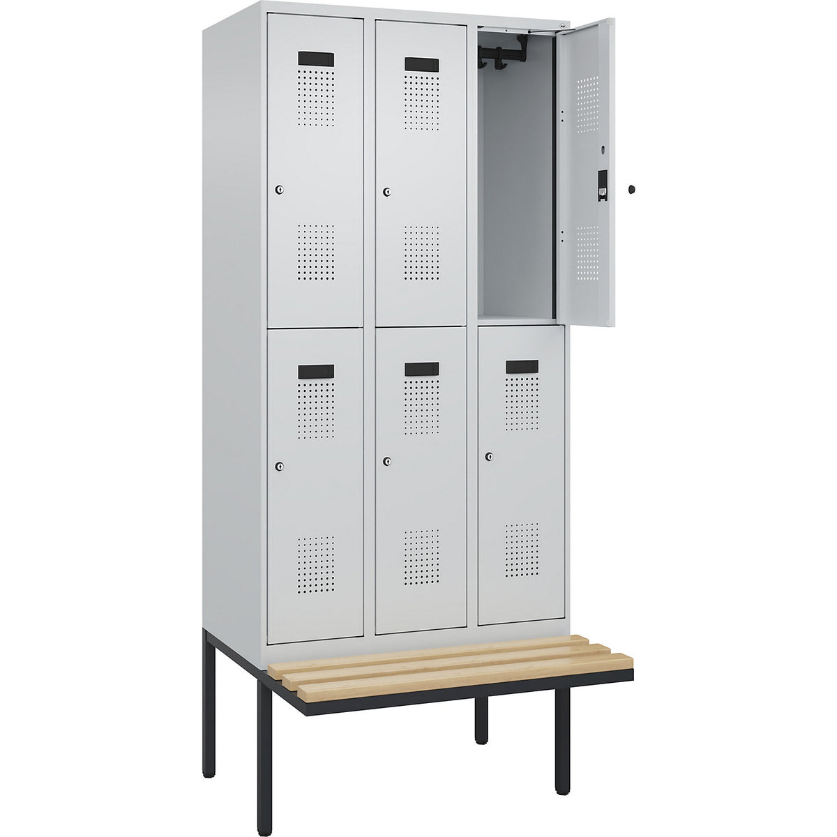 Evolo PLUS bench seat double deck clothes locker, 3 compartments, light grey / light grey, W 900 mm, cylinder lock, with cantilevered bench seat, beech.