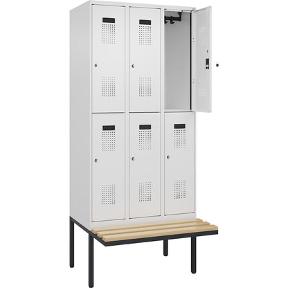 Evolo PLUS bench seat double deck clothes locker, 3 compartments, white, W 900 mm, cylinder lock, with cantilevered bench seat, beech.