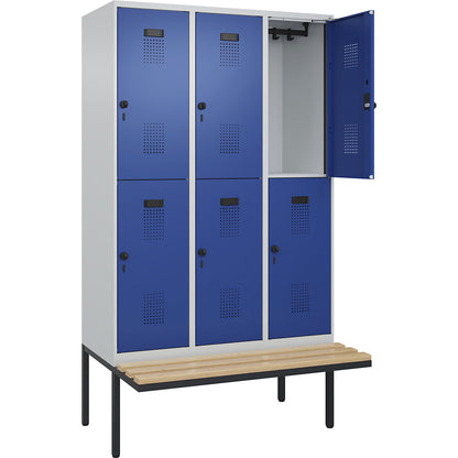 Evolo PLUS bench seat double deck clothes locker, 3 compartments, light grey / gentian blue, W 1200 mm, security rotary bolt, with cantilevered bench seat, beech.