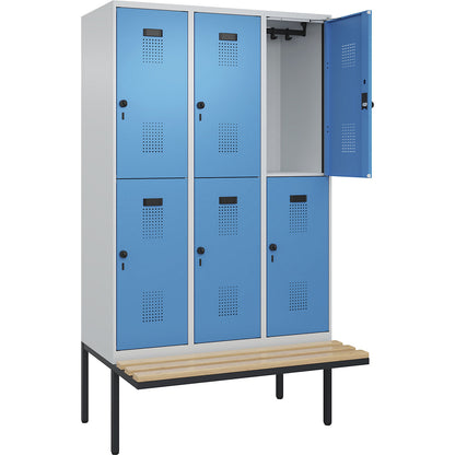Evolo PLUS bench seat double deck clothes locker, 3 compartments, light grey / light blue, W 1200 mm, security rotary bolt, with cantilevered bench seat, beech.