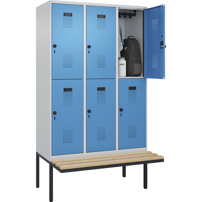Evolo PLUS bench seat double deck clothes locker, 3 compartments, light grey / light blue, W 1200 mm, security rotary bolt, with cantilevered bench seat, beech.