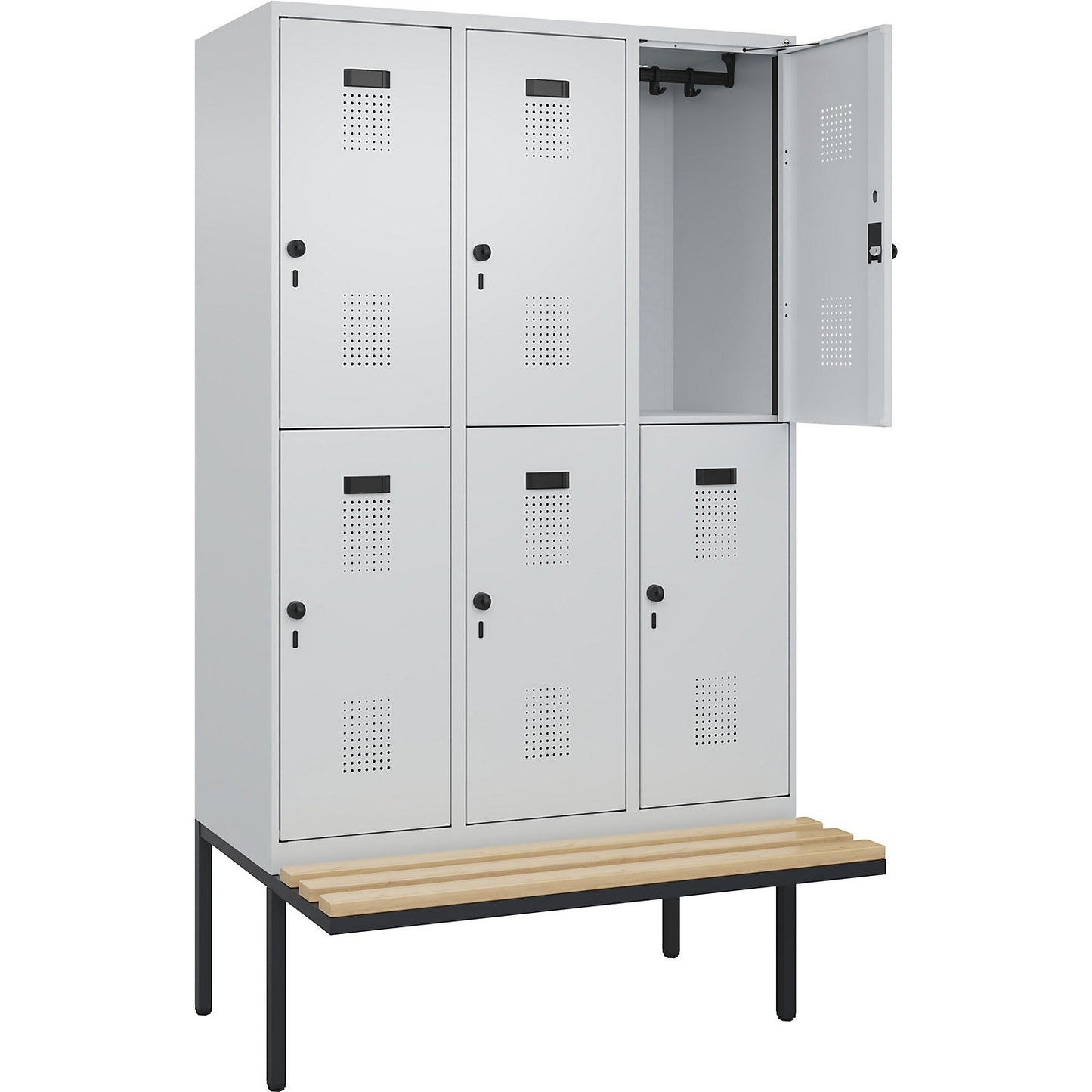 Evolo PLUS bench seat double deck clothes locker, 3 compartments, light grey / light grey, W 1200 mm, security rotary bolt, with cantilevered bench seat, beech.