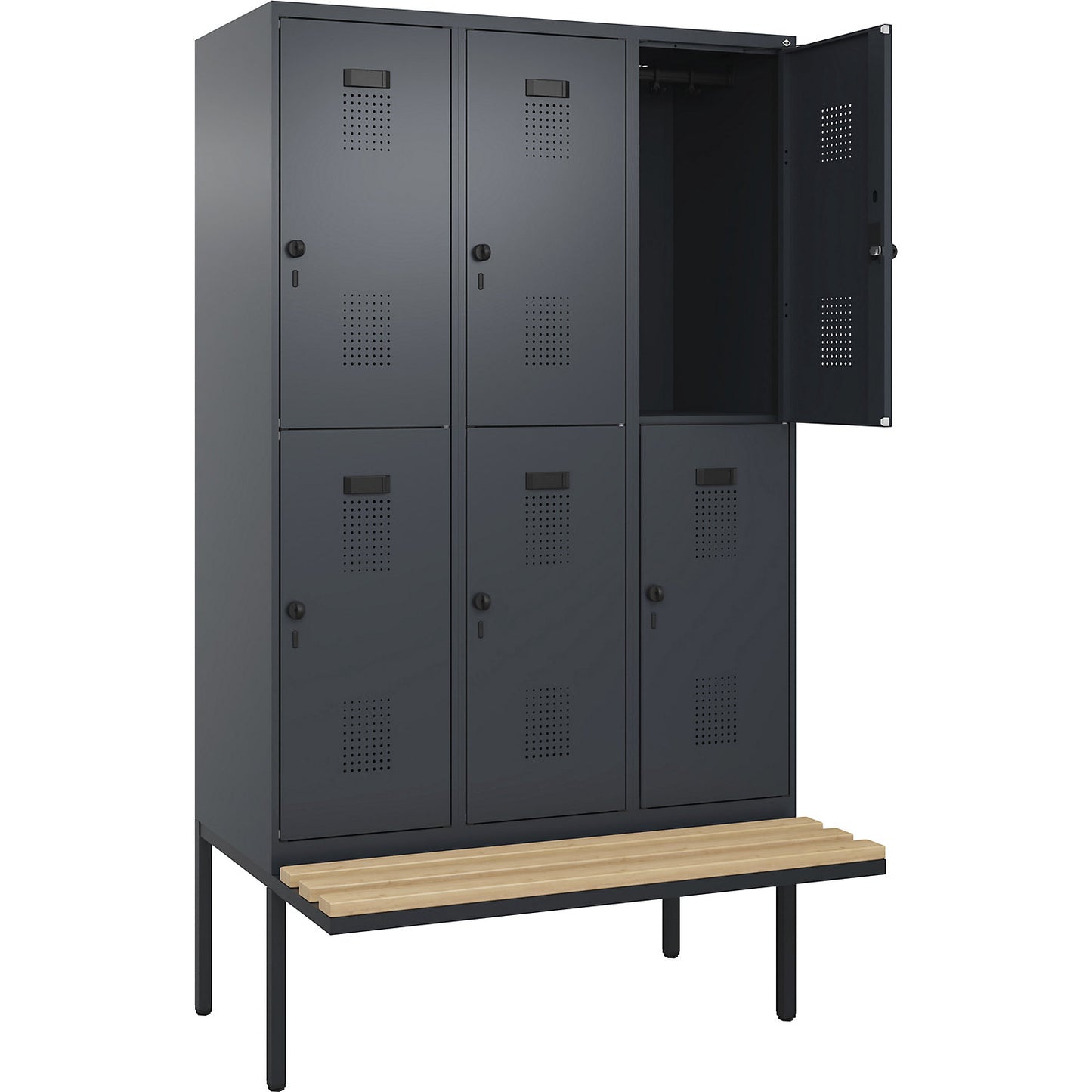 Evolo PLUS bench seat double deck clothes locker, 3 compartments, grey, W 1200 mm, security rotary bolt, with cantilevered bench seat, beech.