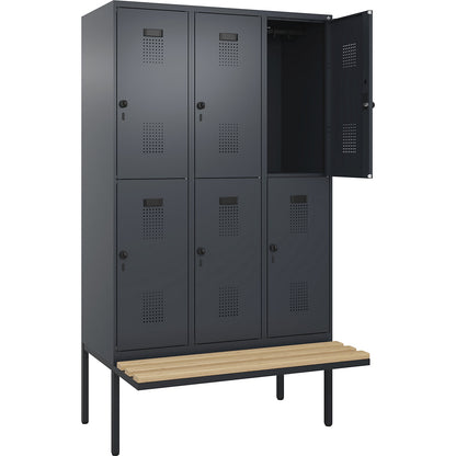 Evolo PLUS bench seat double deck clothes locker, 3 compartments, grey, W 1200 mm, security rotary bolt, with cantilevered bench seat, beech.
