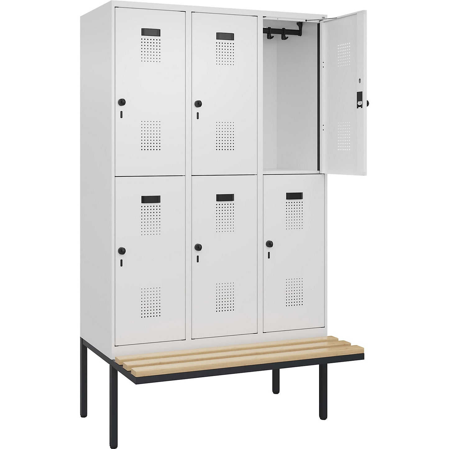 Evolo PLUS bench seat double deck clothes locker, 3 compartments, white, W 1200 mm, security rotary bolt, with cantilevered bench seat, beech.