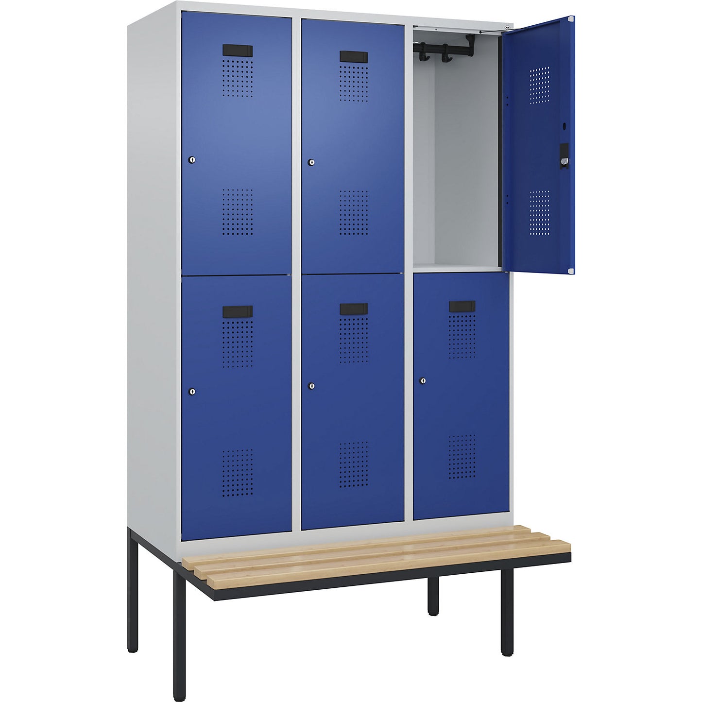 Evolo PLUS bench seat double deck clothes locker, 3 compartments, light grey / gentian blue, W 1200 mm, cylinder lock, with cantilevered bench seat, beech.