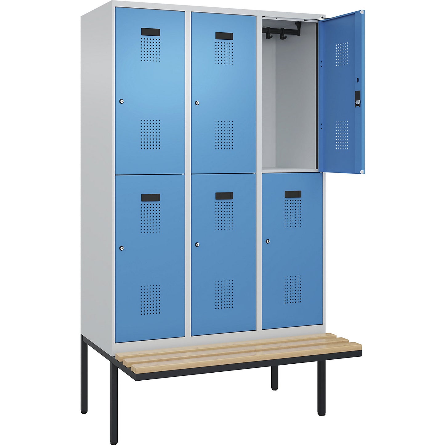Evolo PLUS bench seat double deck clothes locker, 3 compartments, light grey / light blue, W 1200 mm, cylinder lock, with cantilevered bench seat, beech.